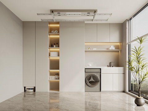  现代洗衣阳台 洗衣柜 洗衣机 晾衣架3d模型 