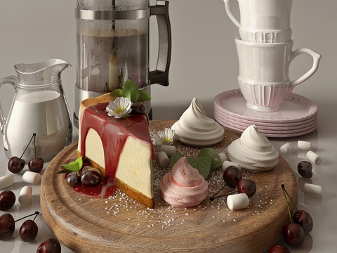  咖啡樱桃芝士蛋糕厨房套装3d模型 