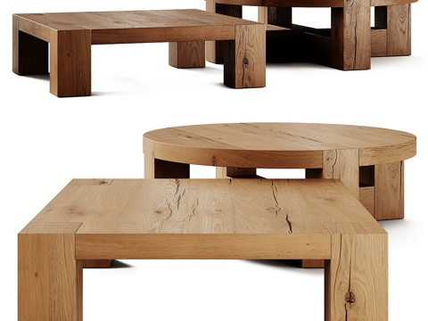  新中式侘寂圆形方形木制茶几组合3d模型 