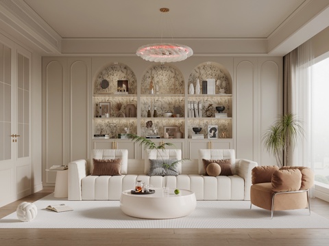  奶油风客厅3d模型 