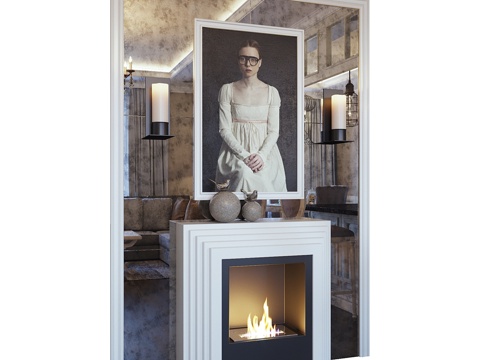  壁炉、壁灯、画作、装饰与镜面镶板3d模型 