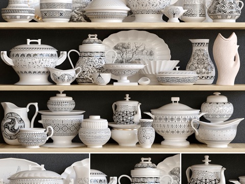  经典瓷器餐具套装。服务套装3d模型 