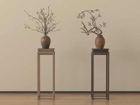  侘寂风花几 花架 绿植摆件3d模型 