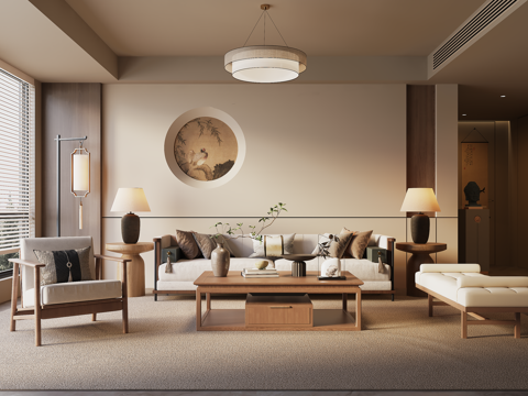 宋式客厅 沙发茶几组合 沙发背景墙su模型