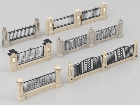 现代围墙 景墙 小区围墙 铁艺围栏su模型
