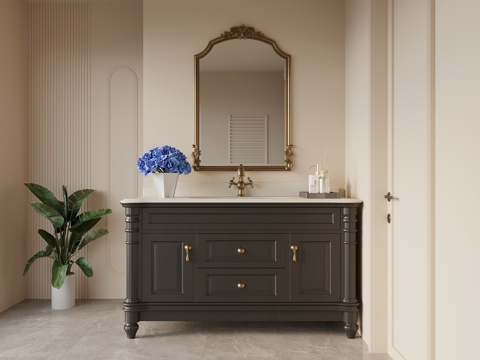 法式复古浴室柜 洗手台 洗漱台su模型