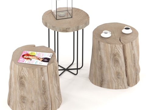  三张树桩与石板组合桌配金属桌腿3d模型 