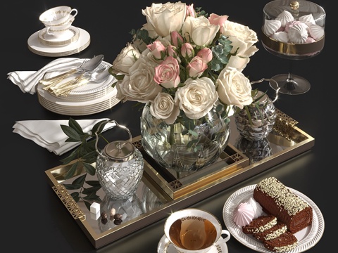  玫瑰与茶。3d模型 