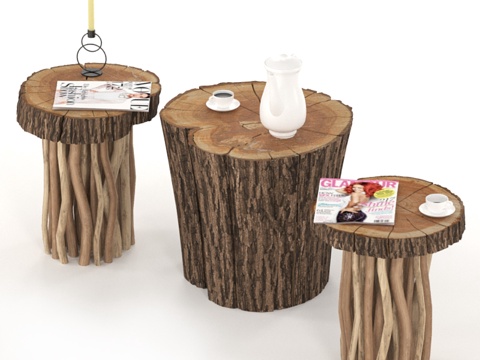  树桩与板材组合咖啡桌（木腿款）3d模型 