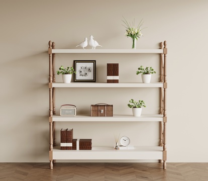 现代中古置物架 书架 奶油风花架su模型