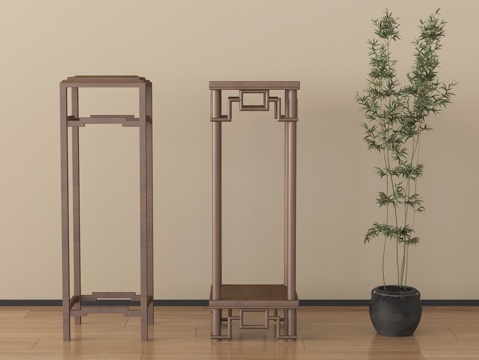新中式花几 花架 绿植摆件su模型