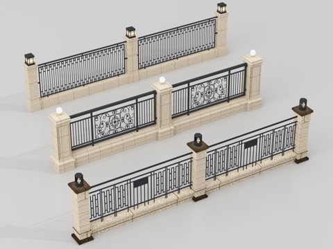 现代围墙 景墙 小区围墙 铁艺围栏su模型