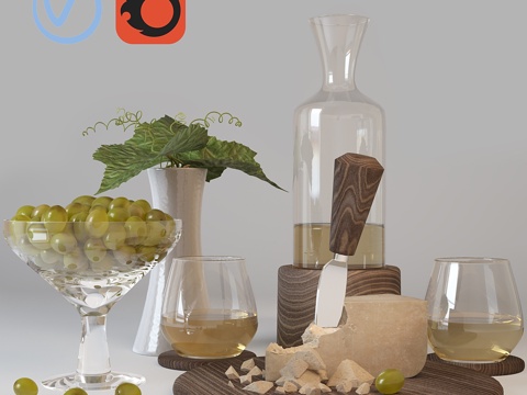  葡萄酒、奶酪与葡萄装饰套装3d模型 