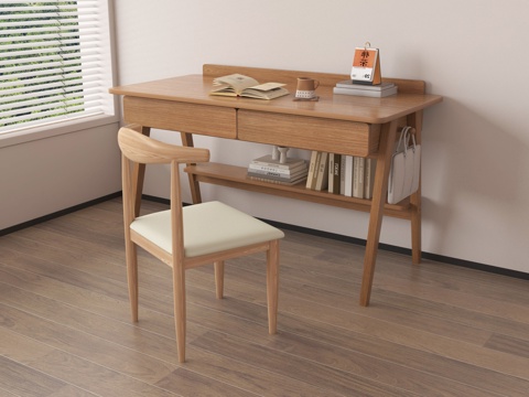  现代书桌椅组合 饰品 摆件 实木桌椅3d模型 