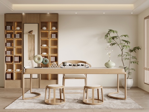 侘寂中古茶桌椅 新中式茶桌椅su模型