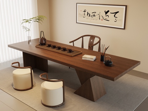  新中式茶桌椅su模型 