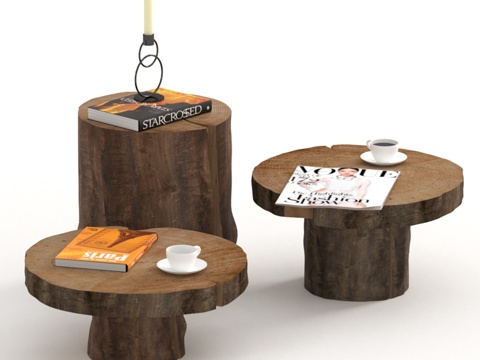  树桩与石板组合深色桌具套装3d模型 