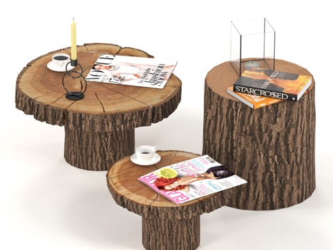  石板与树桩咖啡桌套装3d模型 