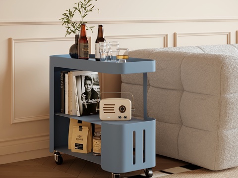  奶油风收纳边几 现代铁艺边几 小推车茶几3d模型 