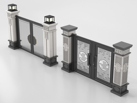 新中式大门 别墅庭院门 户外大门 庭院铁艺大门su模型