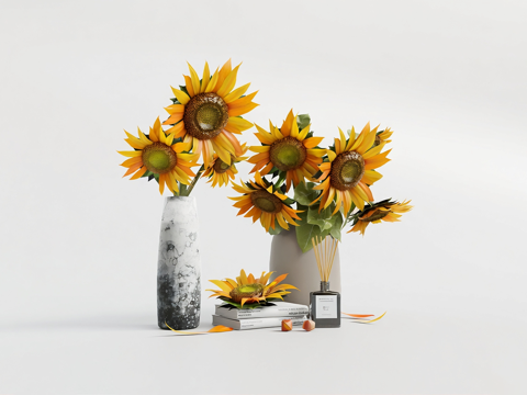 侘寂风陶瓷花瓶 向日葵 仿真花 花束 花艺 书与香薰su模型