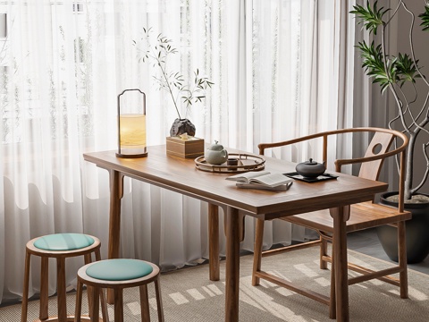 新中式阳台小茶桌椅组合su模型