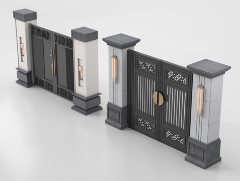 新中式大门 别墅庭院门 户外大门 庭院铁艺大门su模型