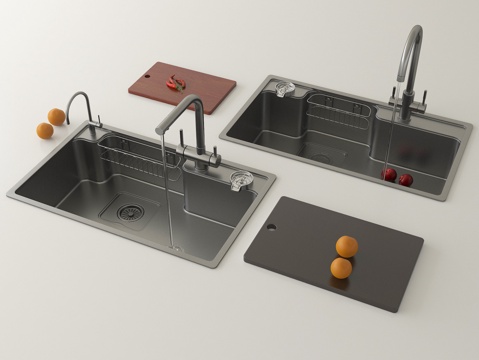  现代水槽洗菜池 洗菜盆水龙头 不锈钢水槽su模型 