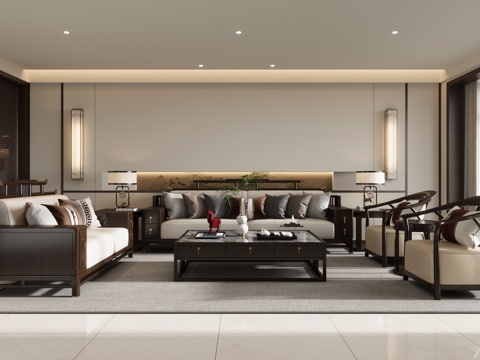 新中式客厅su模型