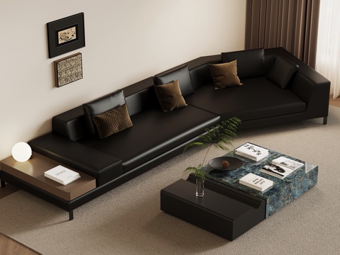 现代意式多人沙发 三人沙发 皮质沙发 异形沙发 沙发茶几组合su模型