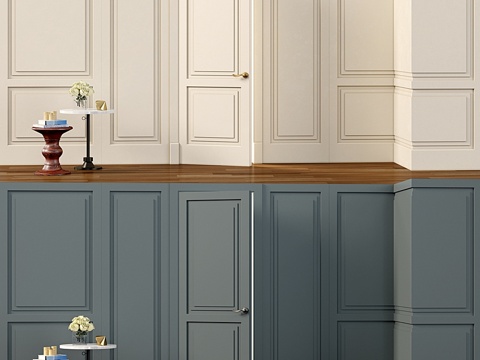  墙面装饰线条。带门的经典木饰面板3d模型 