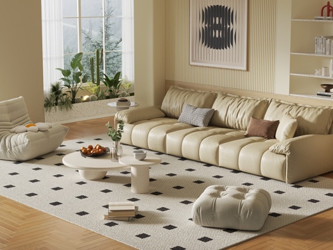  奶油风客厅3d模型 