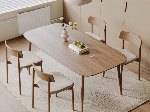 北欧餐桌椅组合 实木餐桌椅 飞碟灯 地毯 餐椅 实木餐桌 四su模型