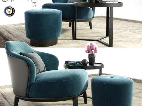  Minotti Leslie扶手椅及带脚凳咖啡桌3d模型 