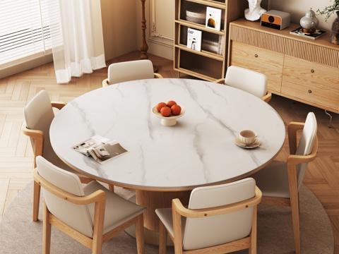  原木风餐厅 简约 奶油风  餐桌椅组合3d模型 