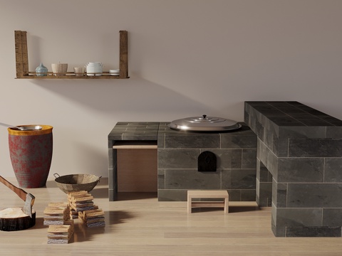  土灶台 柴火灶 土灶 灶台 水缸 木头3d模型 