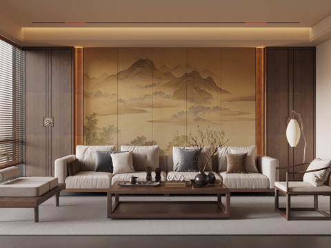 新中式客厅su模型