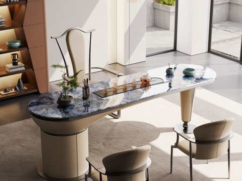  现代轻奢茶桌椅 奢石茶桌椅 成品茶桌椅3d模型 