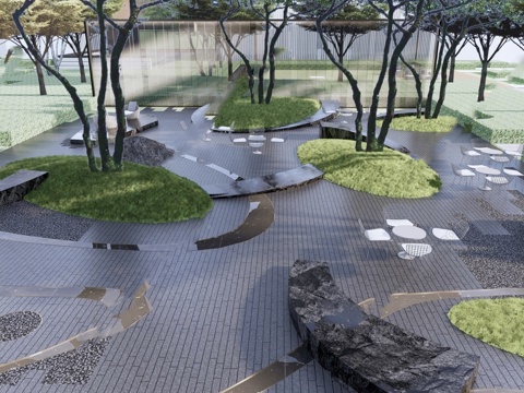  现代公园景观 林下空间 户外座椅 园林景观su模型 