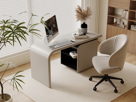 现代奶油风书桌椅 办公桌椅su模型