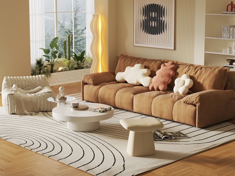  现代奶油风客厅 沙发茶几组合su模型 