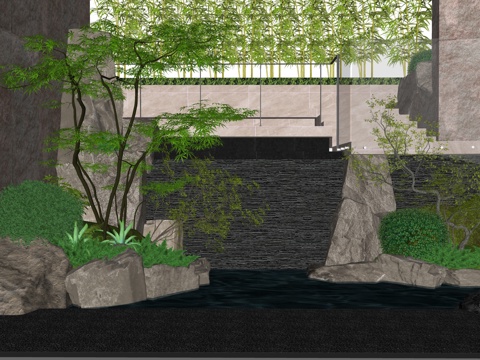  景石流水景墙su模型 