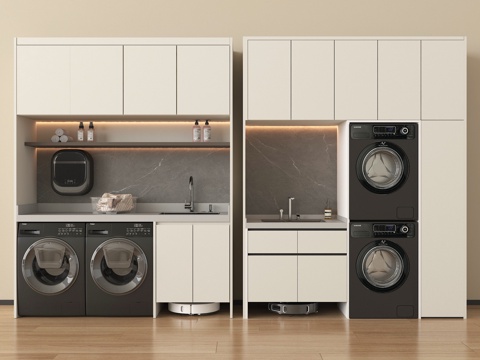  现代洗衣机柜 阳台柜 洗衣机 烘干机 壁挂洗衣机 扫地机器人3d模型 