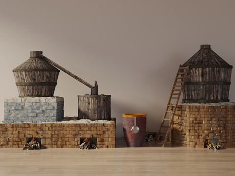  土灶台 柴火灶 土灶 灶台 水缸3d模型 