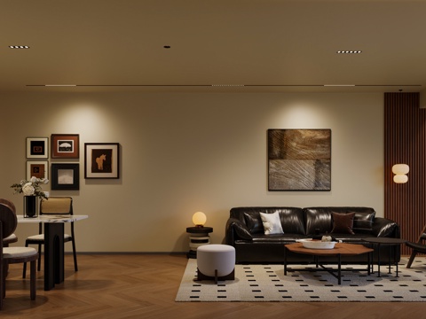  中古风客餐厅 中古风沙发组合 中古风餐桌椅组合  中古风客厅3d模型 