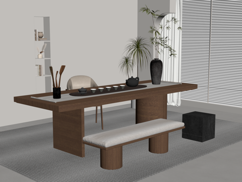  中古风茶桌椅 茶台su模型 