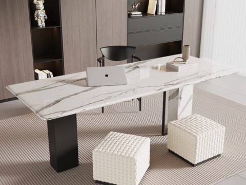  现代意式书桌椅 书房 书柜su模型 