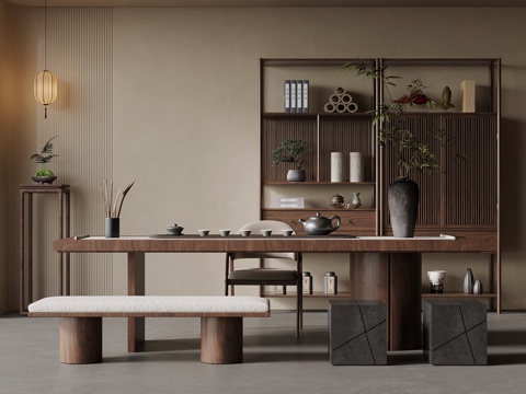 新中式茶桌椅 博古架su模型