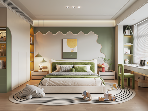 现代儿童房 儿童床 阳台书桌椅 儿童衣柜su模型