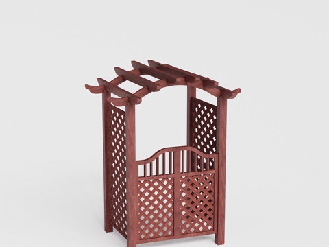  新中式花园门 防腐木拱门 双开门 花格格栅门su模型 